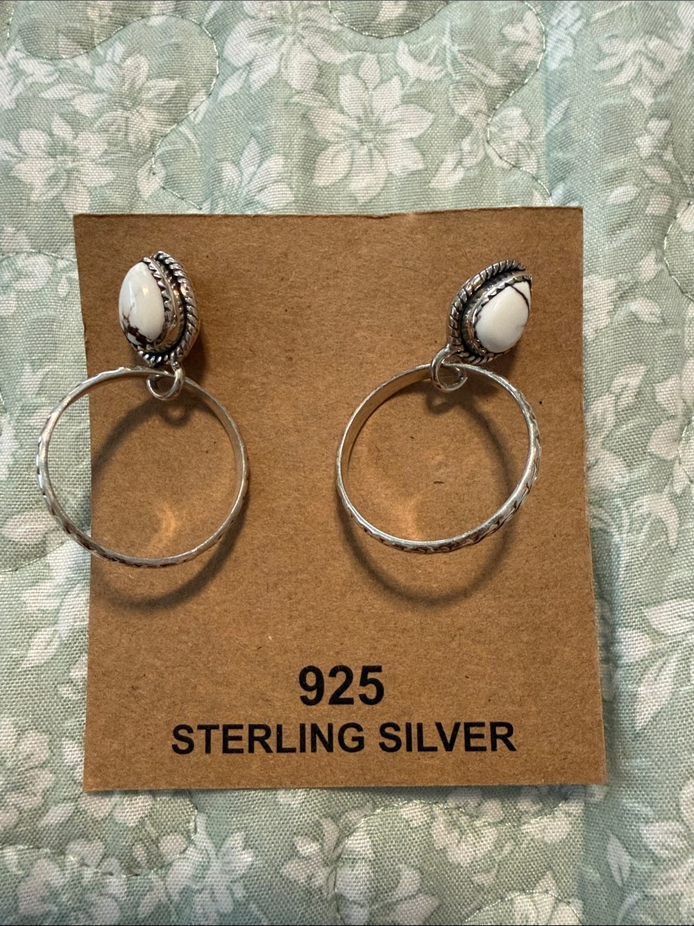 Sterling Silver White Buffalo Hoop Drop Earrings